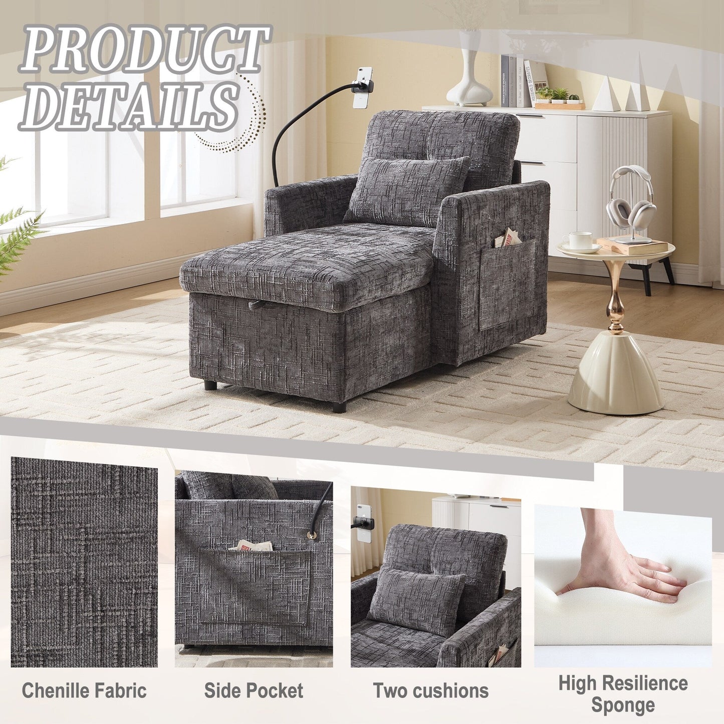 Canapé inclinable multifonctionnel pour personne paresseuse, dossier de rangement avec support pour téléphone portable, chaise de loisirs simple en chenille