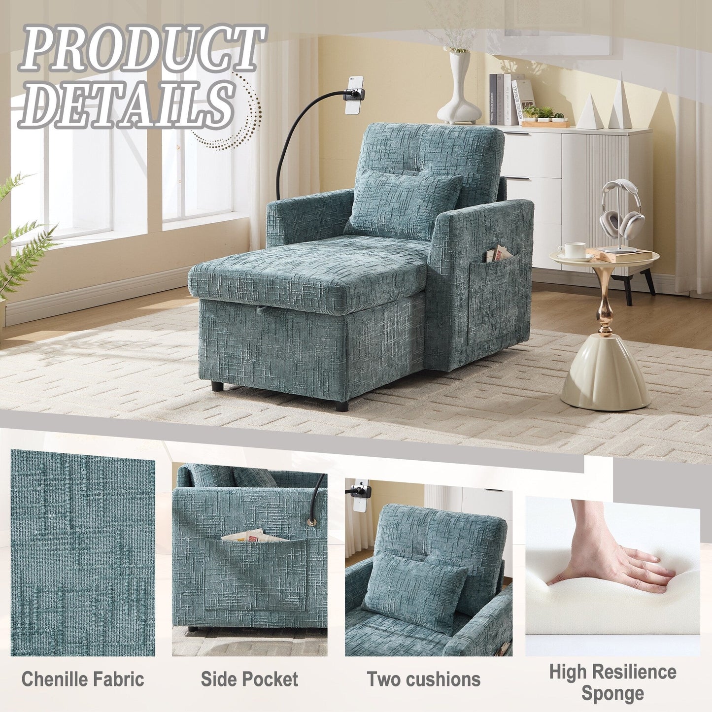 Canapé inclinable multifonctionnel pour personne paresseuse, dossier de rangement avec support pour téléphone portable, chaise de loisirs simple en chenille