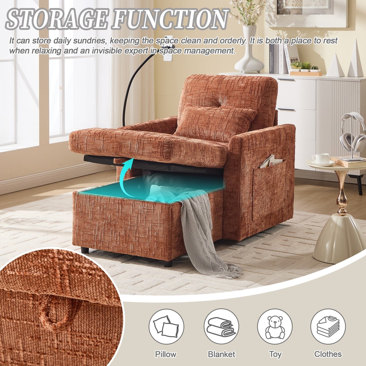 Canapé inclinable multifonctionnel pour personne paresseuse, dossier de rangement avec support pour téléphone portable, fauteuil de loisirs simple en chenille