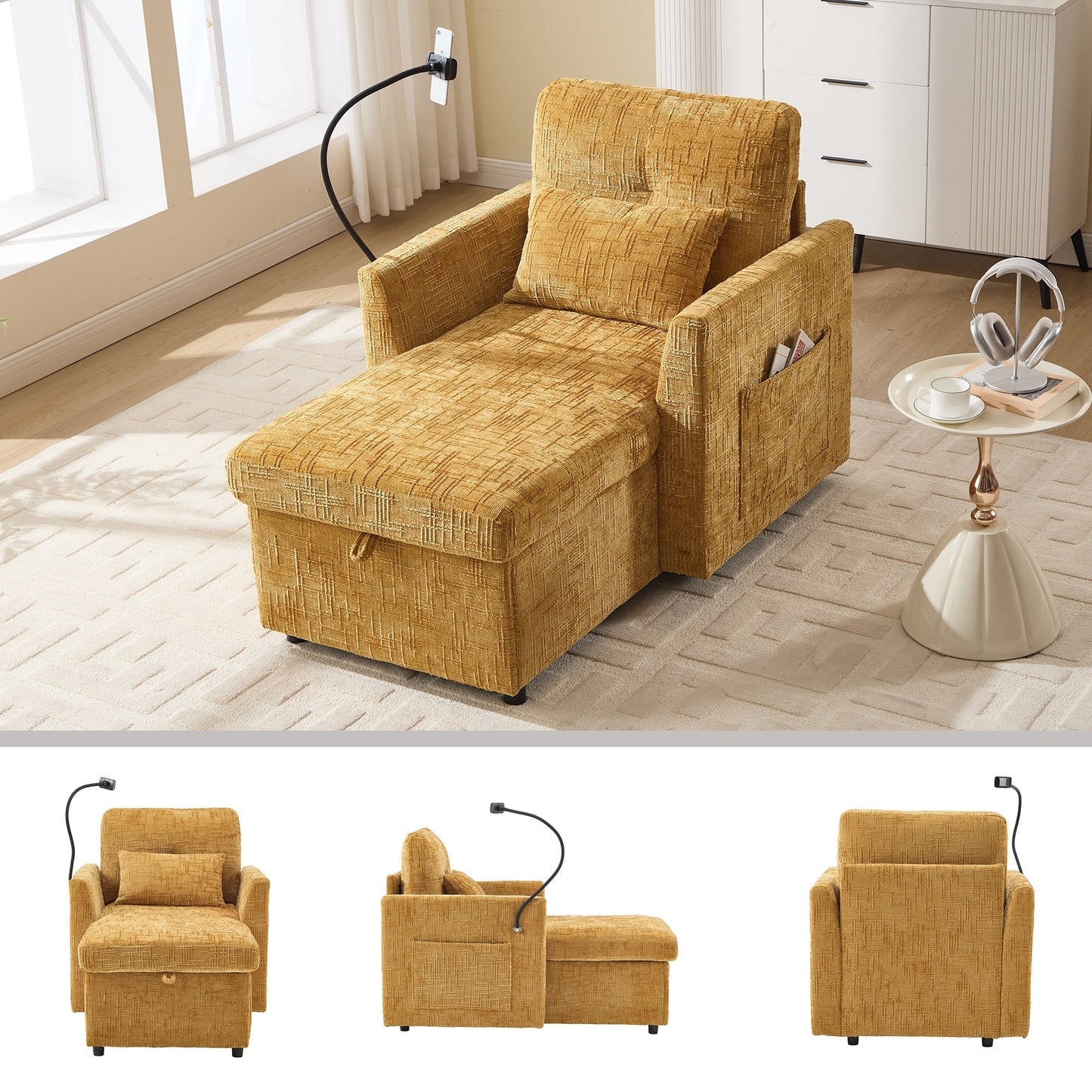 Canapé inclinable multifonctionnel pour personne paresseuse, dossier de rangement avec support pour téléphone portable, fauteuil de loisirs simple en chenille
