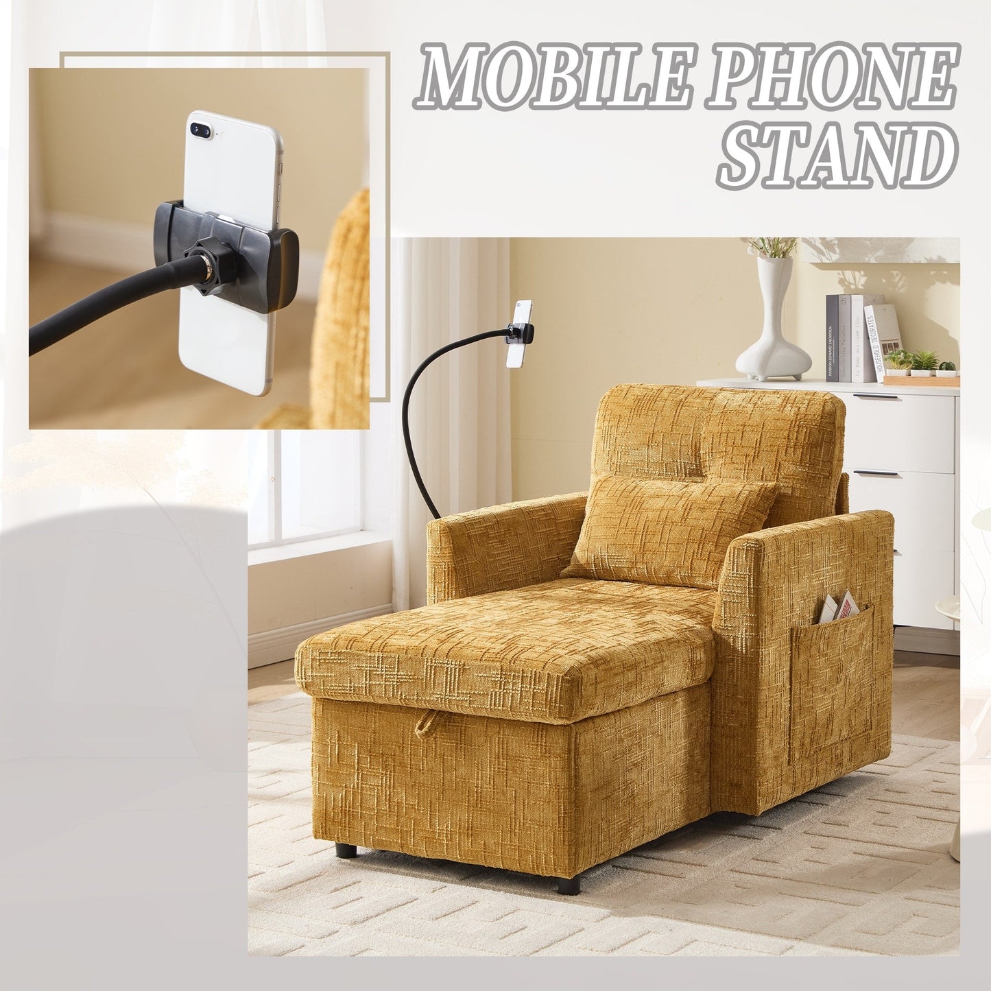 Canapé inclinable multifonctionnel pour personne paresseuse, dossier de rangement avec support pour téléphone portable, fauteuil de loisirs simple en chenille