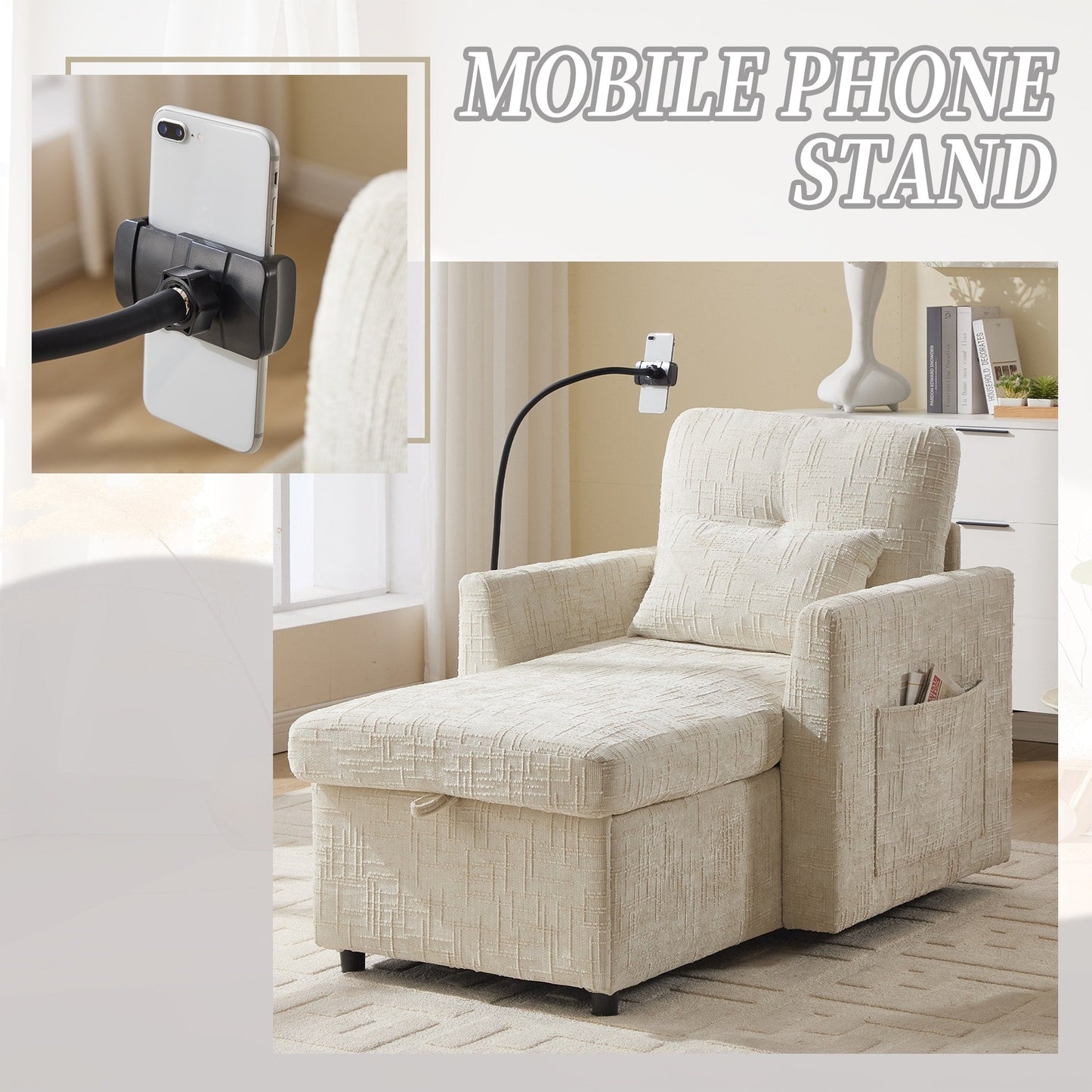 Canapé inclinable multifonctionnel pour personne paresseuse, dossier de rangement avec support pour téléphone portable, fauteuil de loisirs simple en chenille