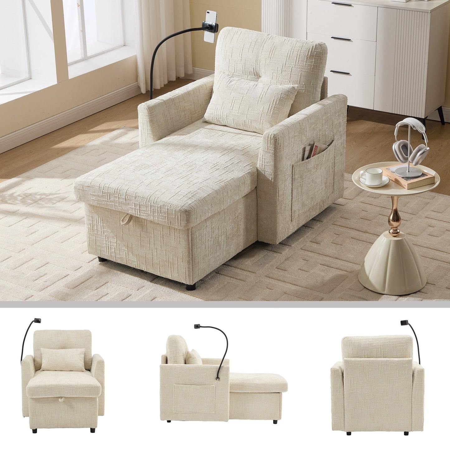Canapé inclinable multifonctionnel pour personne paresseuse, dossier de rangement avec support pour téléphone portable, fauteuil de loisirs simple en chenille