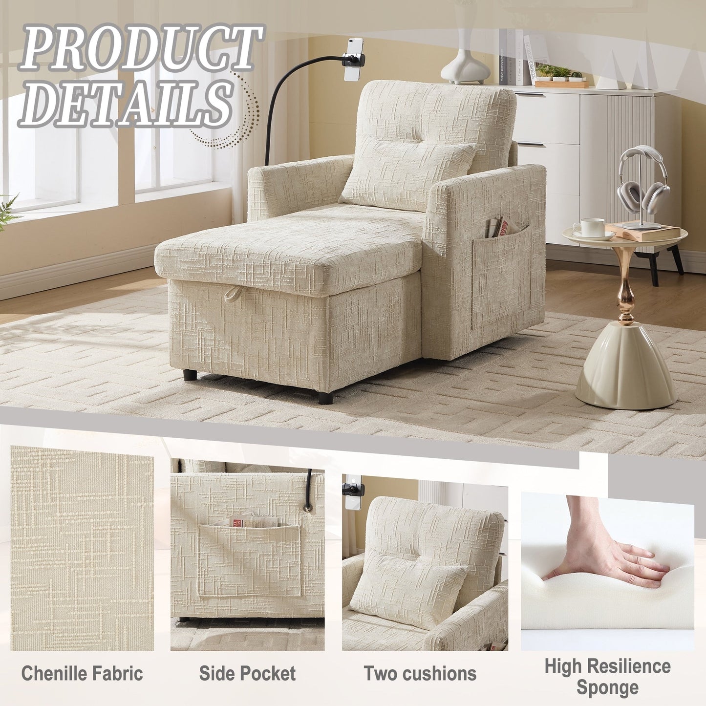 Canapé inclinable multifonctionnel pour personne paresseuse, dossier de rangement avec support pour téléphone portable, fauteuil de loisirs simple en chenille