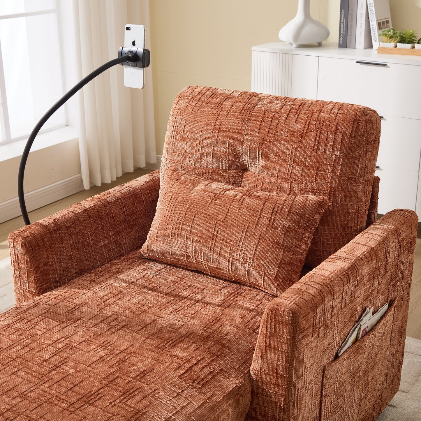 Canapé inclinable multifonctionnel pour personne paresseuse, dossier de rangement avec support pour téléphone portable, fauteuil de loisirs simple en chenille