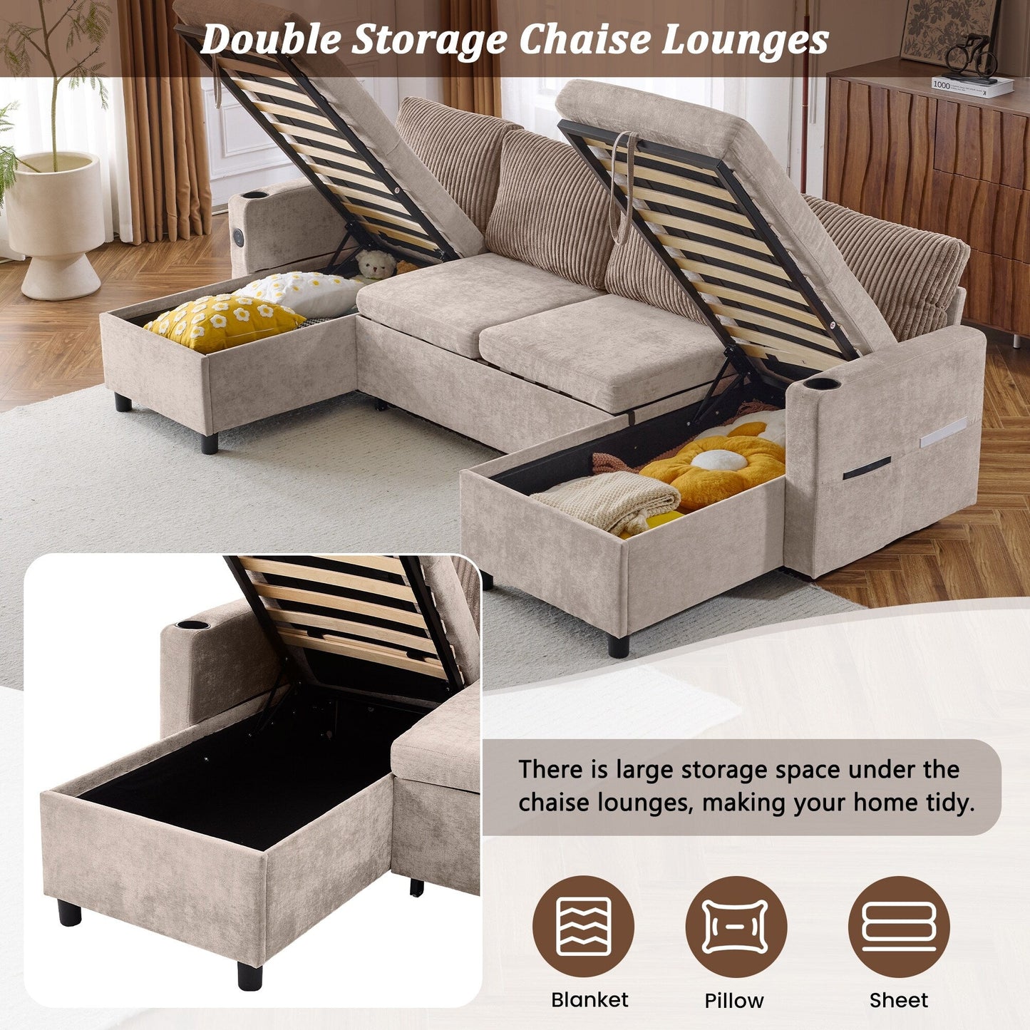 Canapé-lit sectionnel multifonctionnel avec canapé-lit gigogne, deux méridiennes de rangement, ports USB et porte-gobelets pour le salon