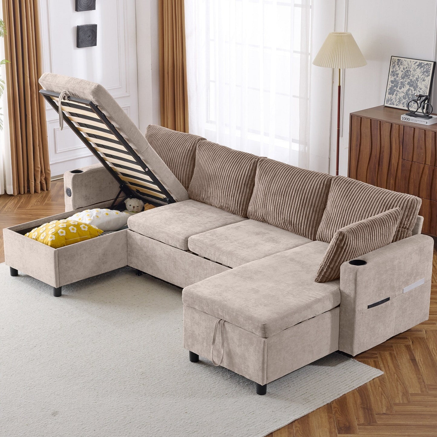 Canapé-lit sectionnel multifonctionnel avec canapé-lit gigogne, deux méridiennes de rangement, ports USB et porte-gobelets pour le salon