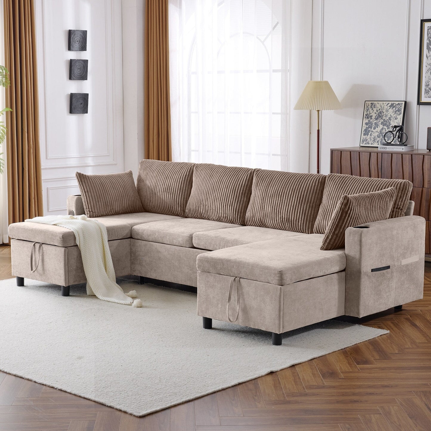 Canapé-lit sectionnel multifonctionnel avec canapé-lit gigogne, deux méridiennes de rangement, ports USB et porte-gobelets pour le salon