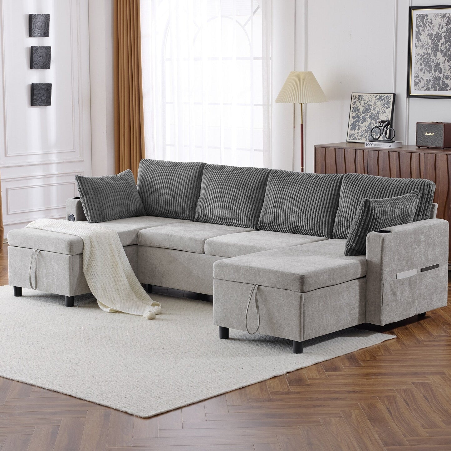 Canapé-lit sectionnel multifonctionnel avec canapé-lit gigogne, deux méridiennes de rangement, ports USB et porte-gobelets pour le salon
