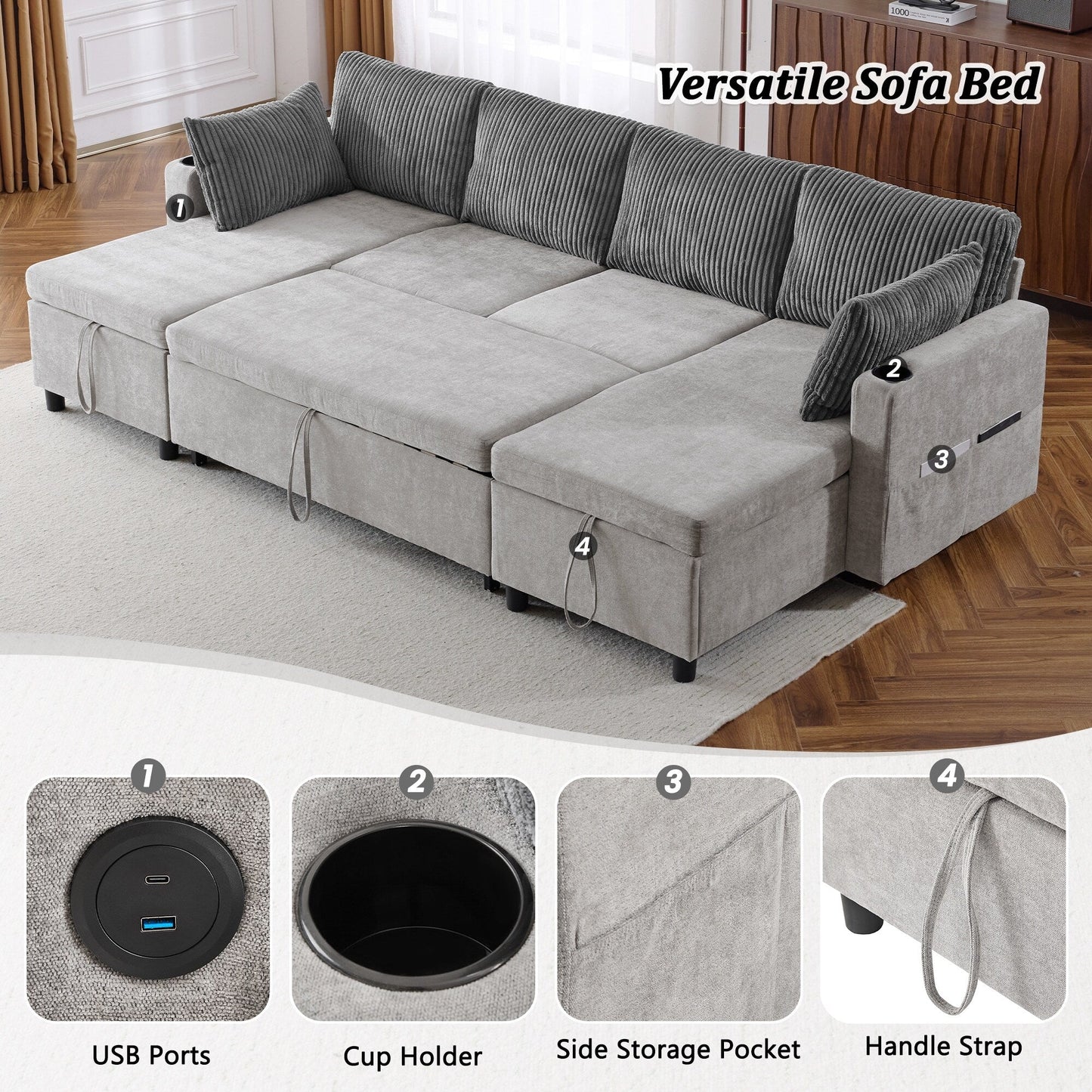 Canapé-lit sectionnel multifonctionnel avec canapé-lit gigogne, deux méridiennes de rangement, ports USB et porte-gobelets pour le salon