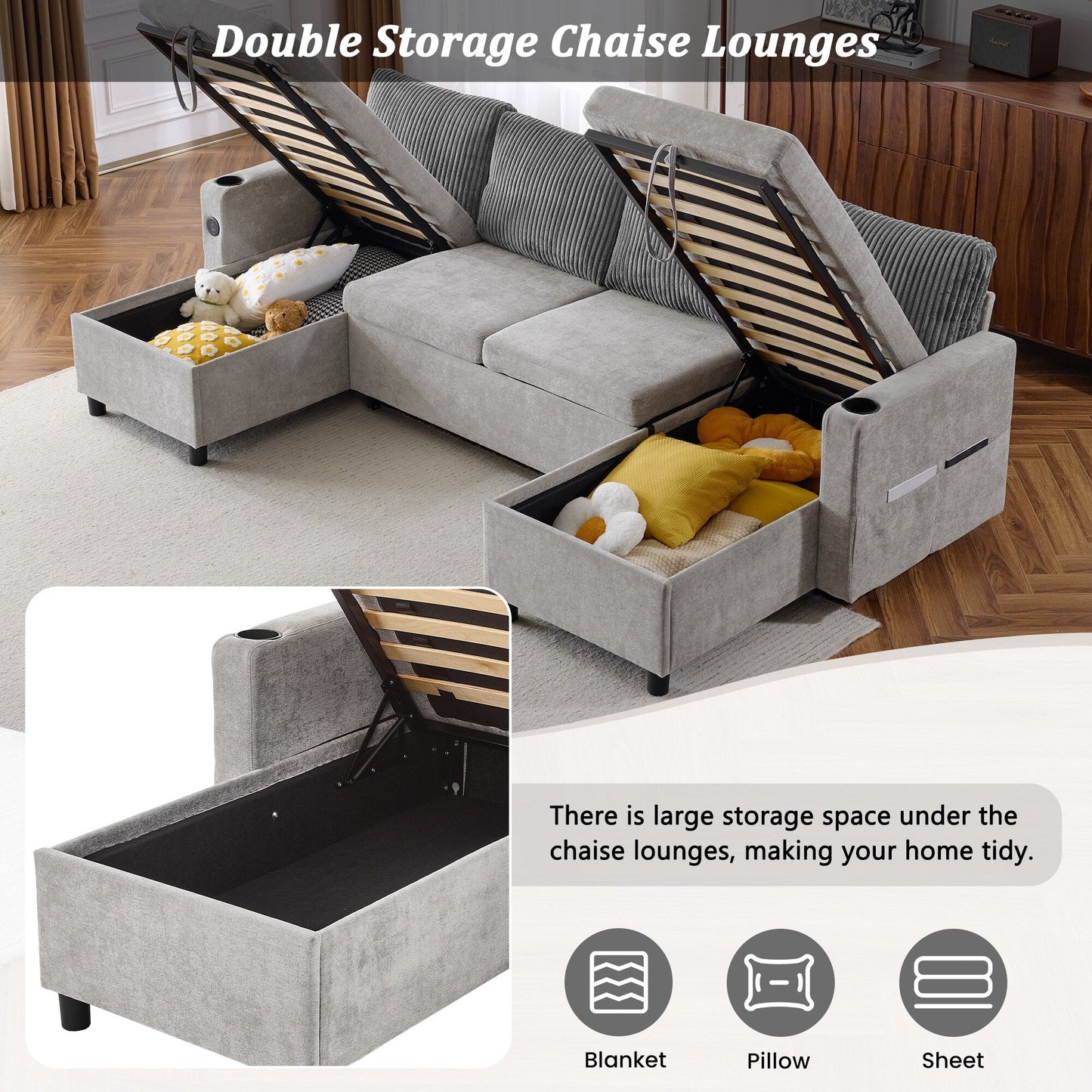 Canapé-lit sectionnel multifonctionnel avec canapé-lit gigogne, deux méridiennes de rangement, ports USB et porte-gobelets pour le salon