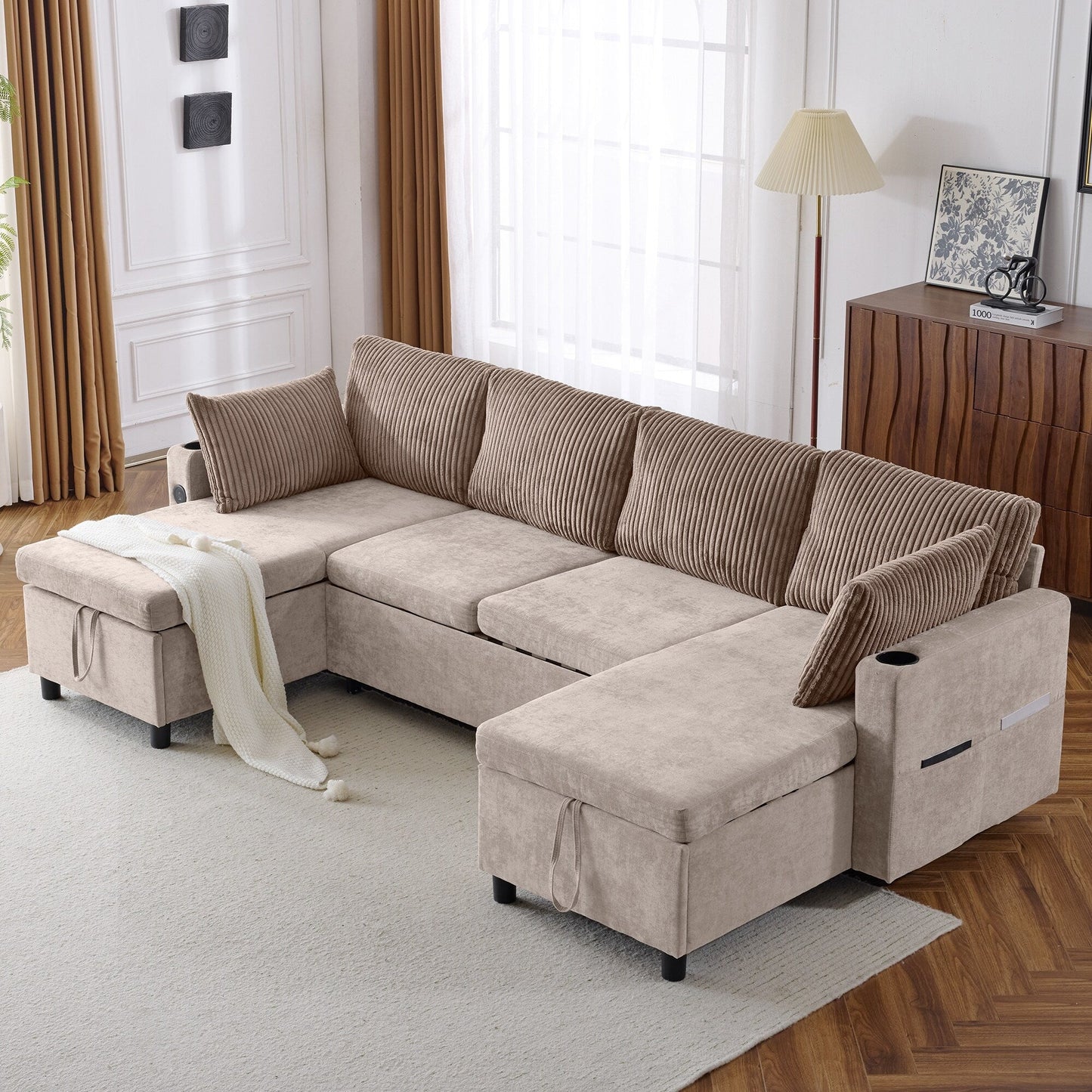 Canapé-lit sectionnel multifonctionnel avec canapé-lit gigogne, deux méridiennes de rangement, ports USB et porte-gobelets pour le salon