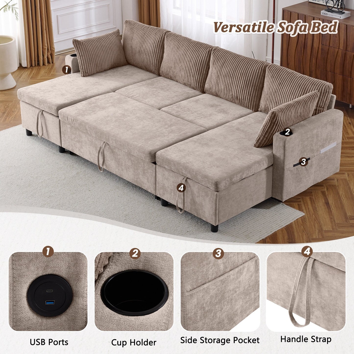Canapé-lit sectionnel multifonctionnel avec canapé-lit gigogne, deux méridiennes de rangement, ports USB et porte-gobelets pour le salon