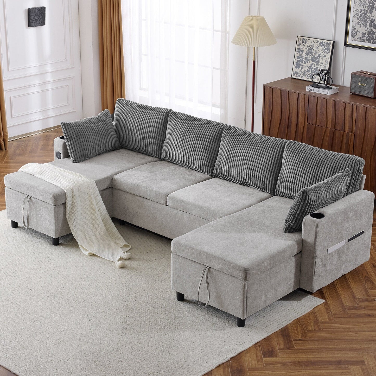 Canapé-lit sectionnel multifonctionnel avec canapé-lit gigogne, deux méridiennes de rangement, ports USB et porte-gobelets pour le salon