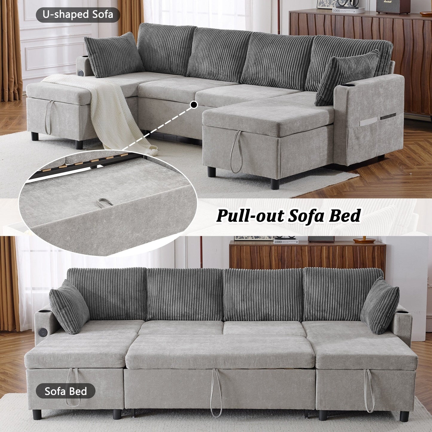 Canapé-lit sectionnel multifonctionnel avec canapé-lit gigogne, deux méridiennes de rangement, ports USB et porte-gobelets pour le salon