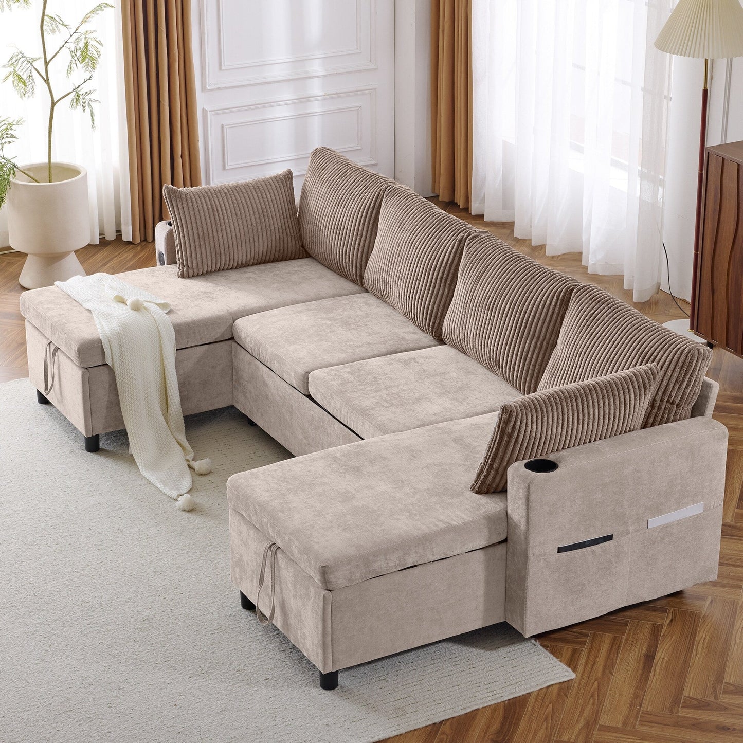 Canapé-lit sectionnel multifonctionnel avec canapé-lit gigogne, deux méridiennes de rangement, ports USB et porte-gobelets pour le salon