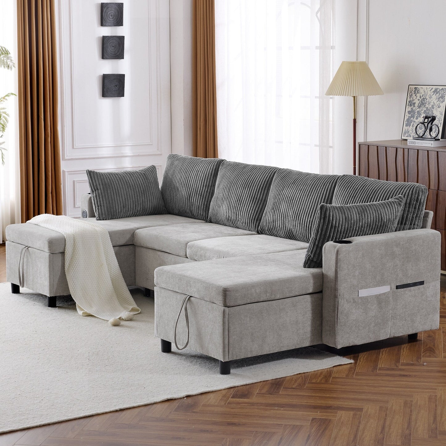 Canapé-lit sectionnel multifonctionnel avec canapé-lit gigogne, deux méridiennes de rangement, ports USB et porte-gobelets pour le salon