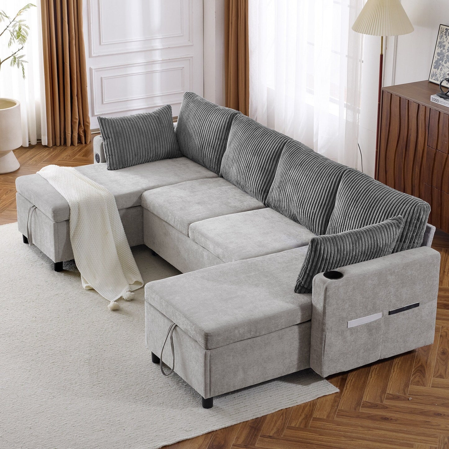 Canapé-lit sectionnel multifonctionnel avec canapé-lit gigogne, deux méridiennes de rangement, ports USB et porte-gobelets pour le salon