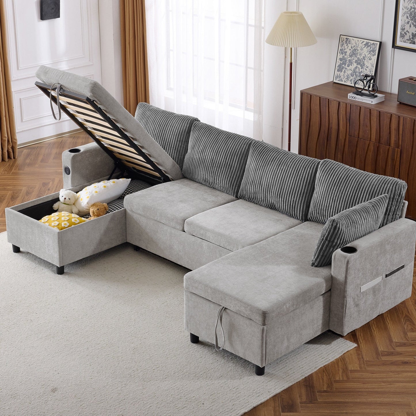 Canapé-lit sectionnel multifonctionnel avec canapé-lit gigogne, deux méridiennes de rangement, ports USB et porte-gobelets pour le salon