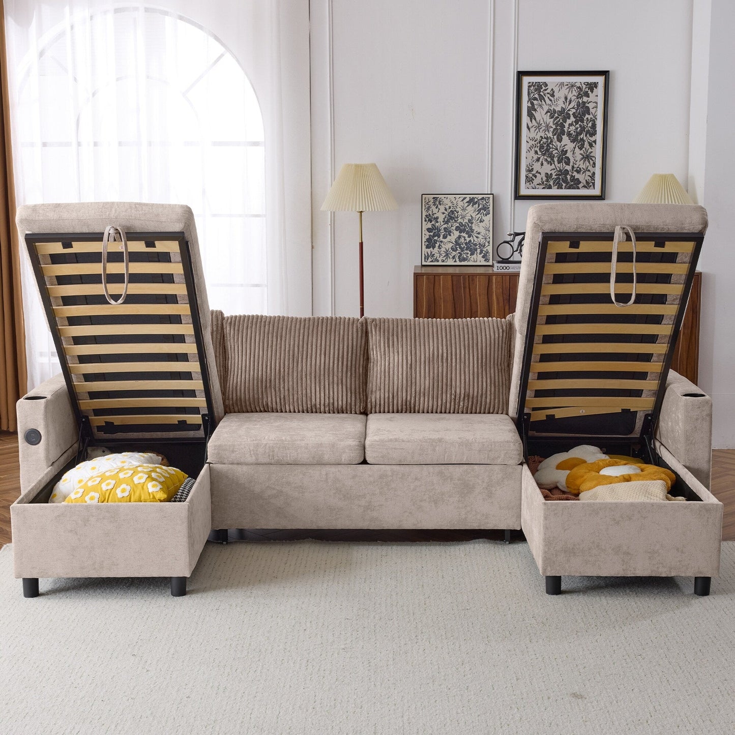 Canapé-lit sectionnel multifonctionnel avec canapé-lit gigogne, deux méridiennes de rangement, ports USB et porte-gobelets pour le salon