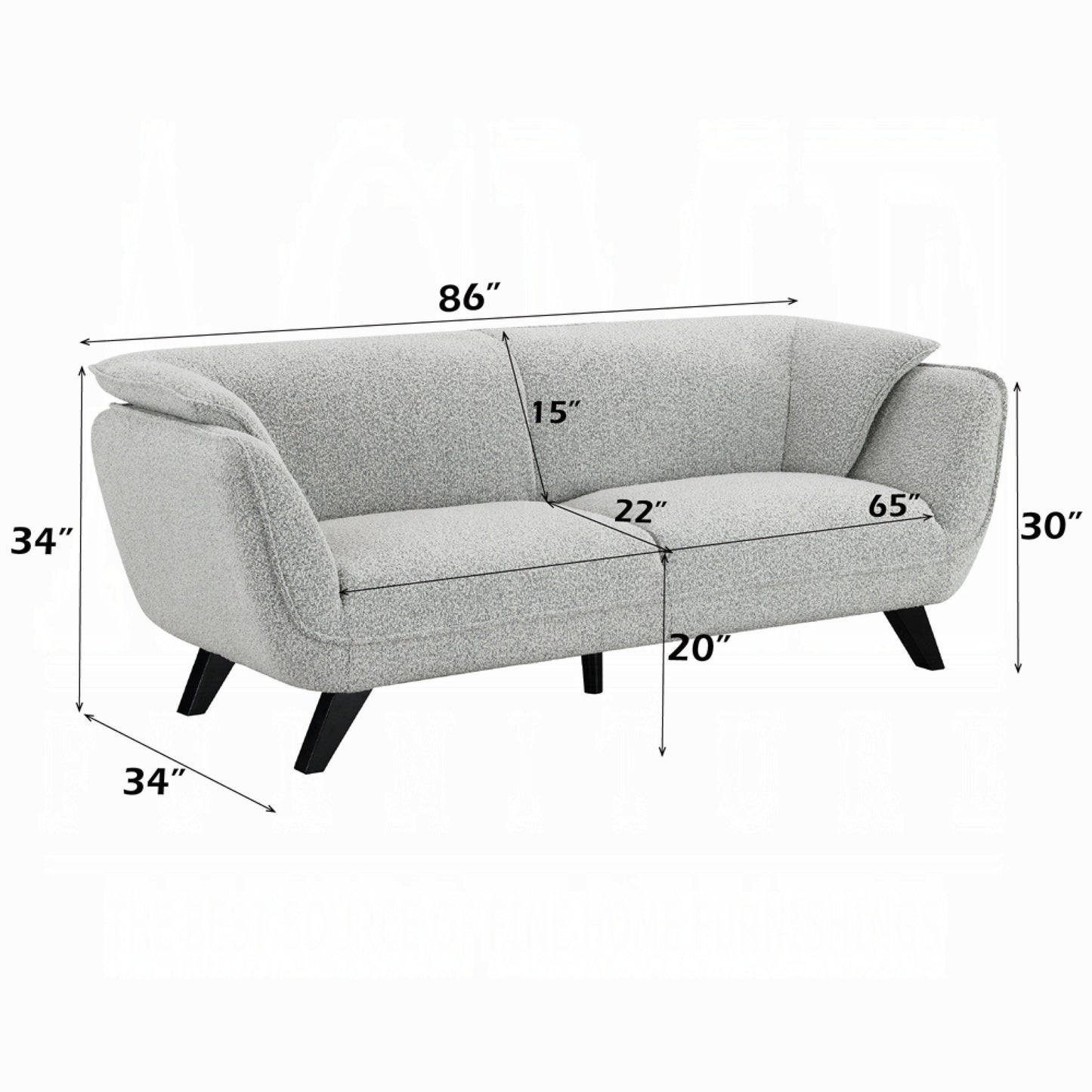 Canapé Naeli, dossier arrondi, boucle gris clair, pin massif, 218 cm