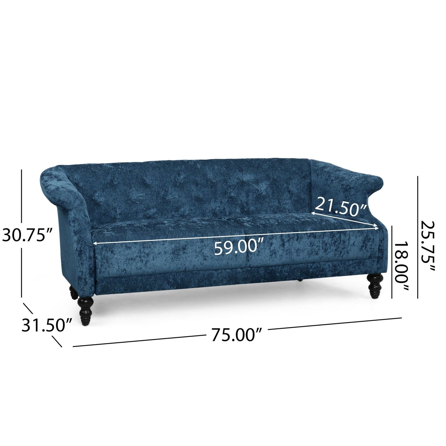 Canapé capitonné en velours bleu marine 75 avec accoudoirs évasés et assise profonde et pieds en bois pour le salon