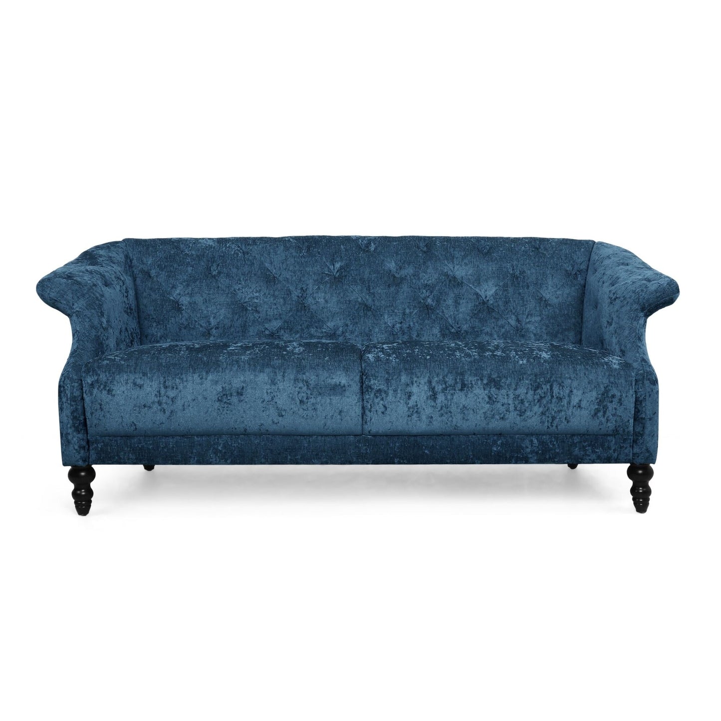 Canapé capitonné en velours bleu marine 75 avec accoudoirs évasés et assise profonde et pieds en bois pour le salon