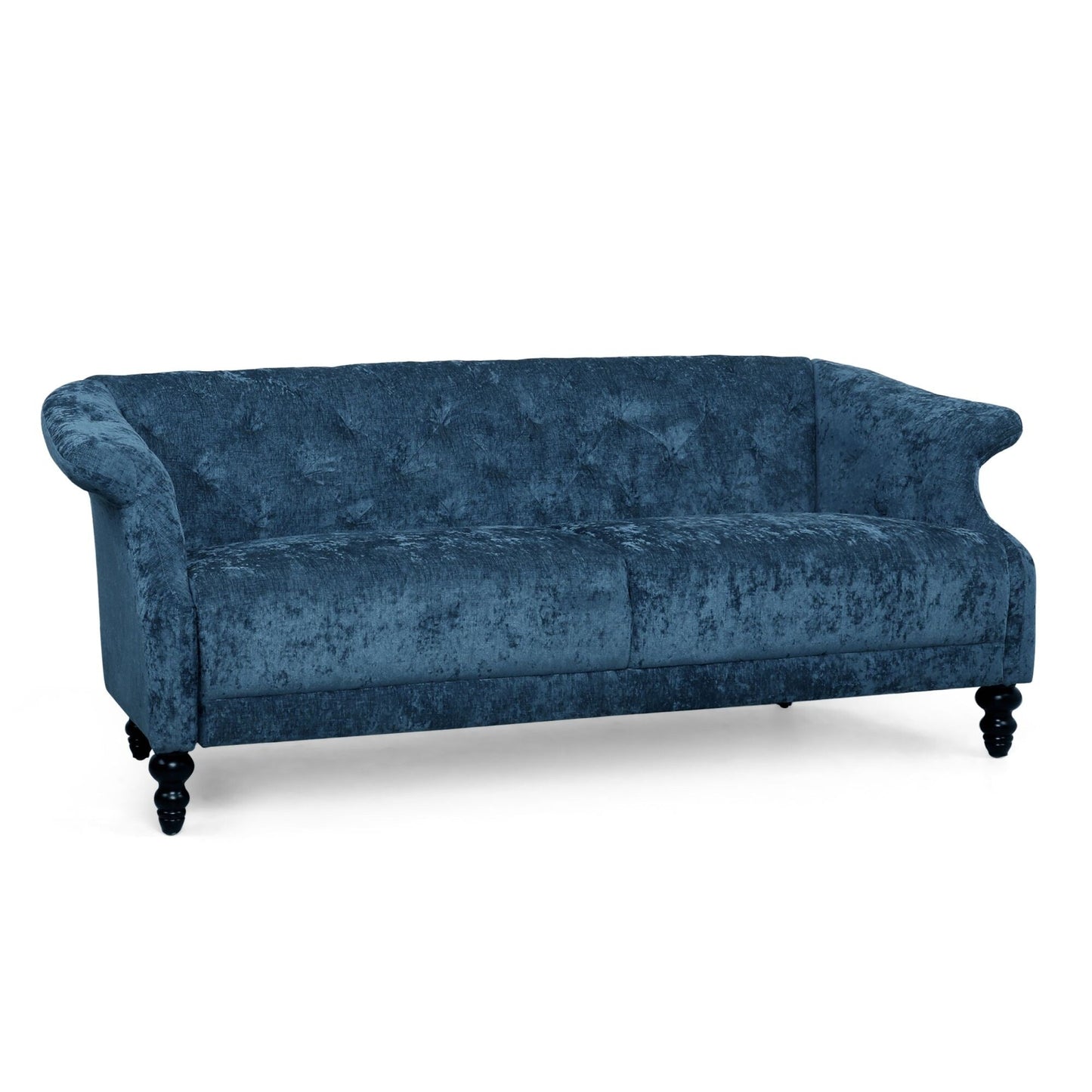 Canapé capitonné en velours bleu marine 75 avec accoudoirs évasés et assise profonde et pieds en bois pour le salon