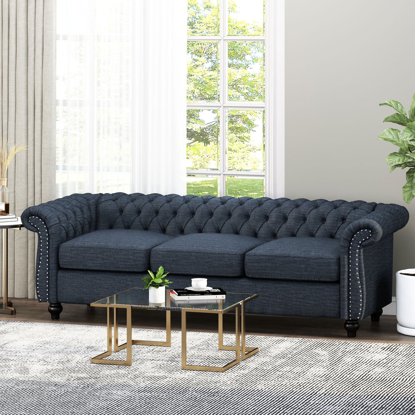 Canapé 3 places Chesterfield bleu marine 84,75, capitonné, avec clous et pieds en bois