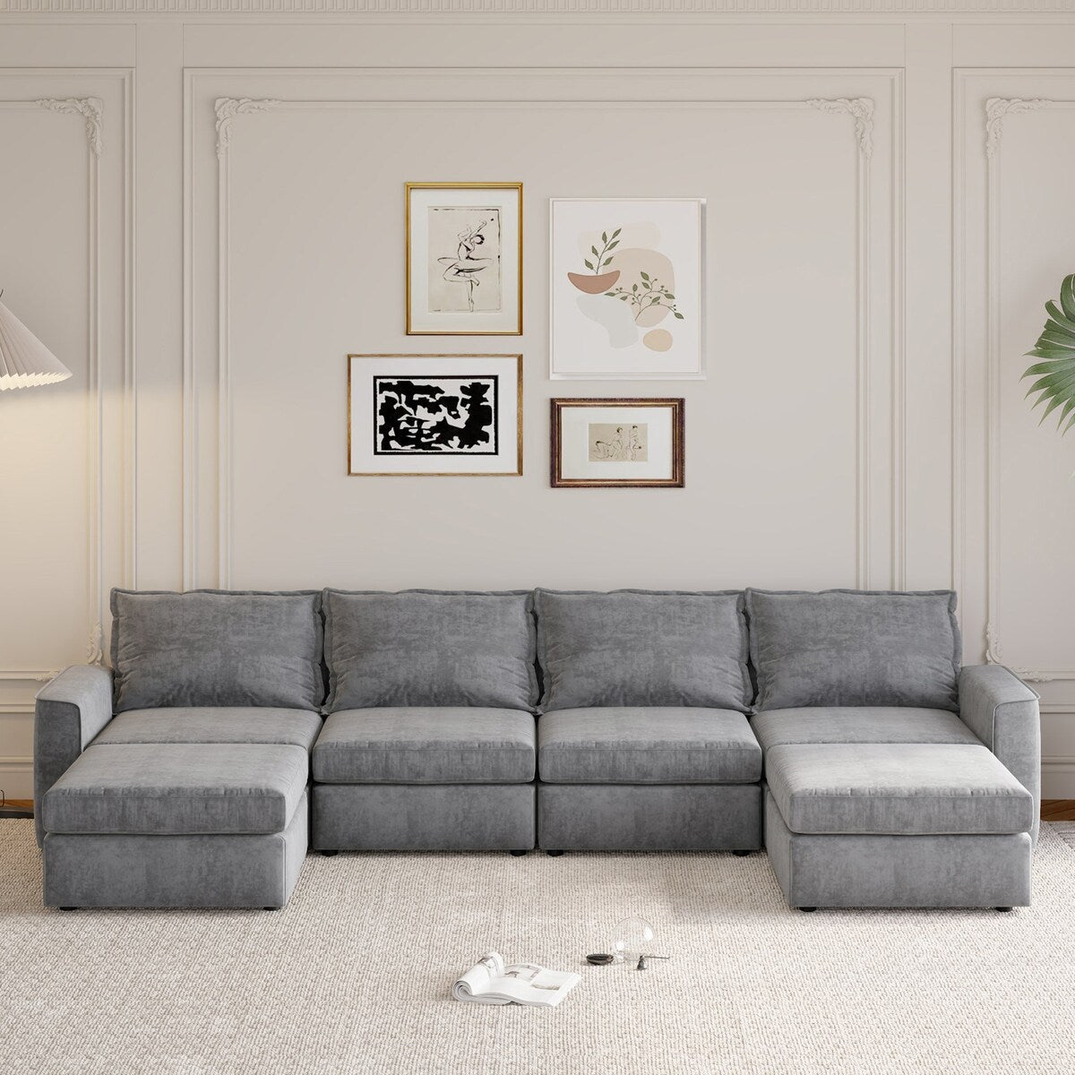 Canapé sectionnel modulaire Nestfair Chenille en forme de U, canapé réversible, combinaison libre, canapé-lit 6 places avec pouf