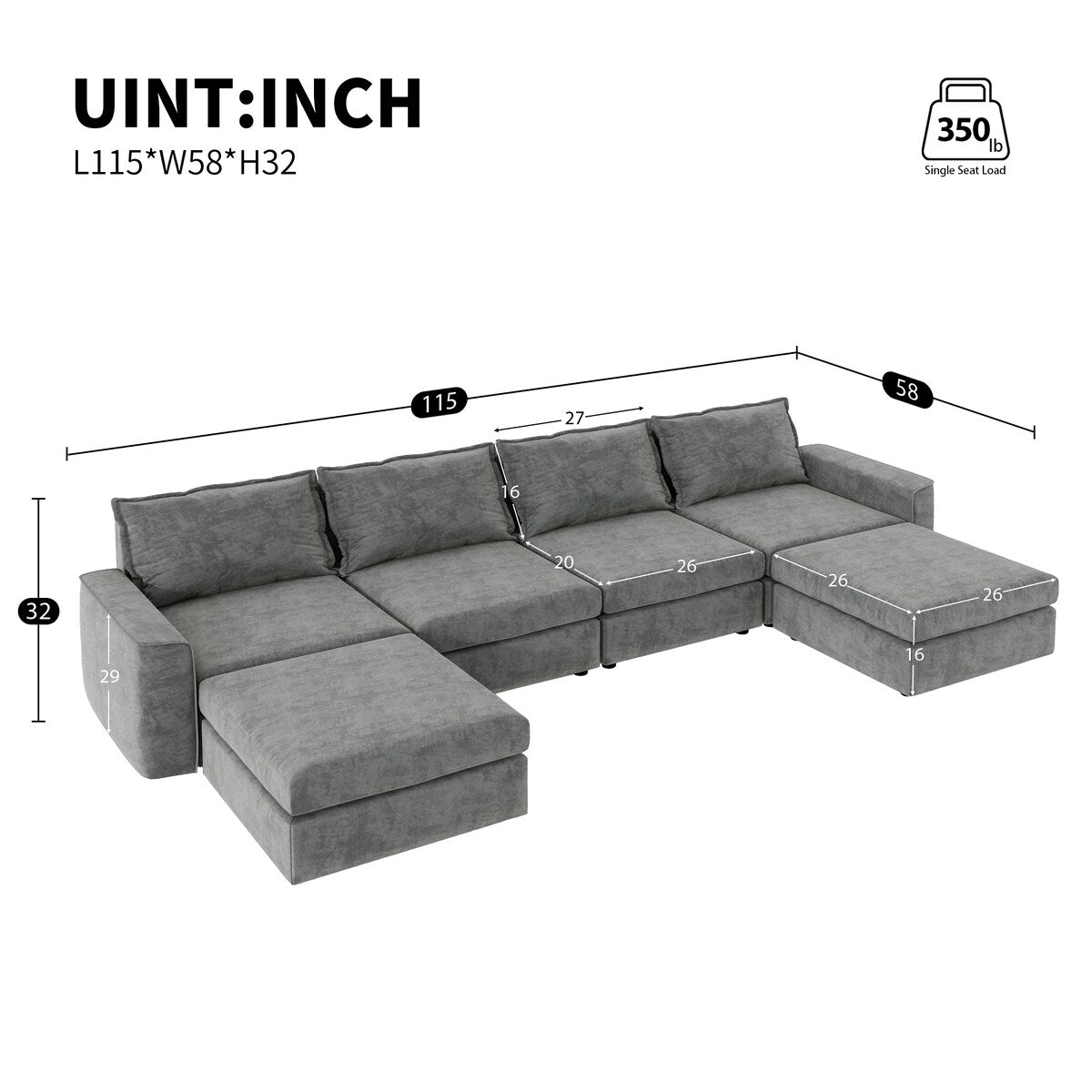 Canapé sectionnel modulaire Nestfair Chenille en forme de U, canapé réversible, combinaison libre, canapé-lit 6 places avec pouf