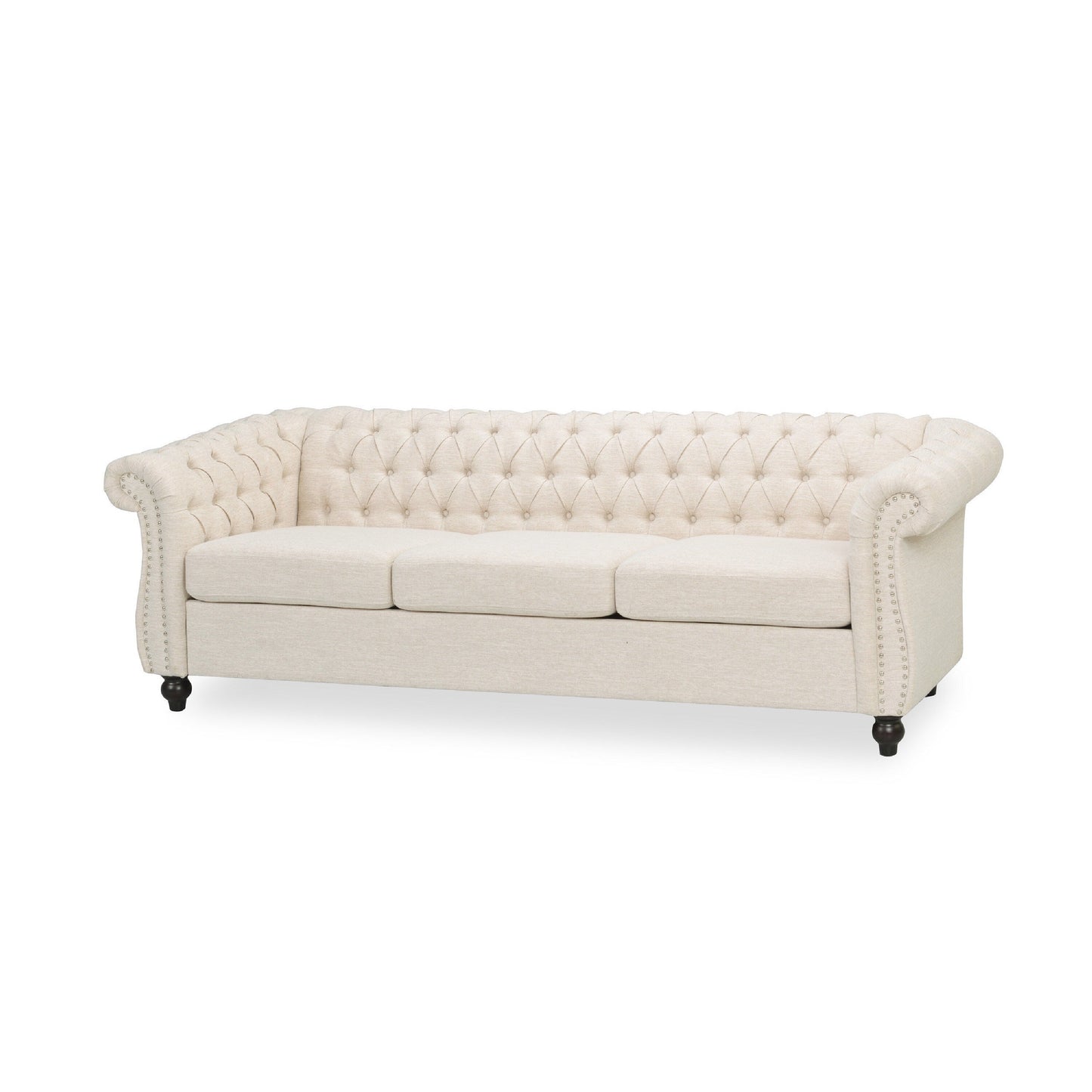 Canapé 3 places Nisy, dossier capitonné en tissu beige Chesterfield, 85 pouces
