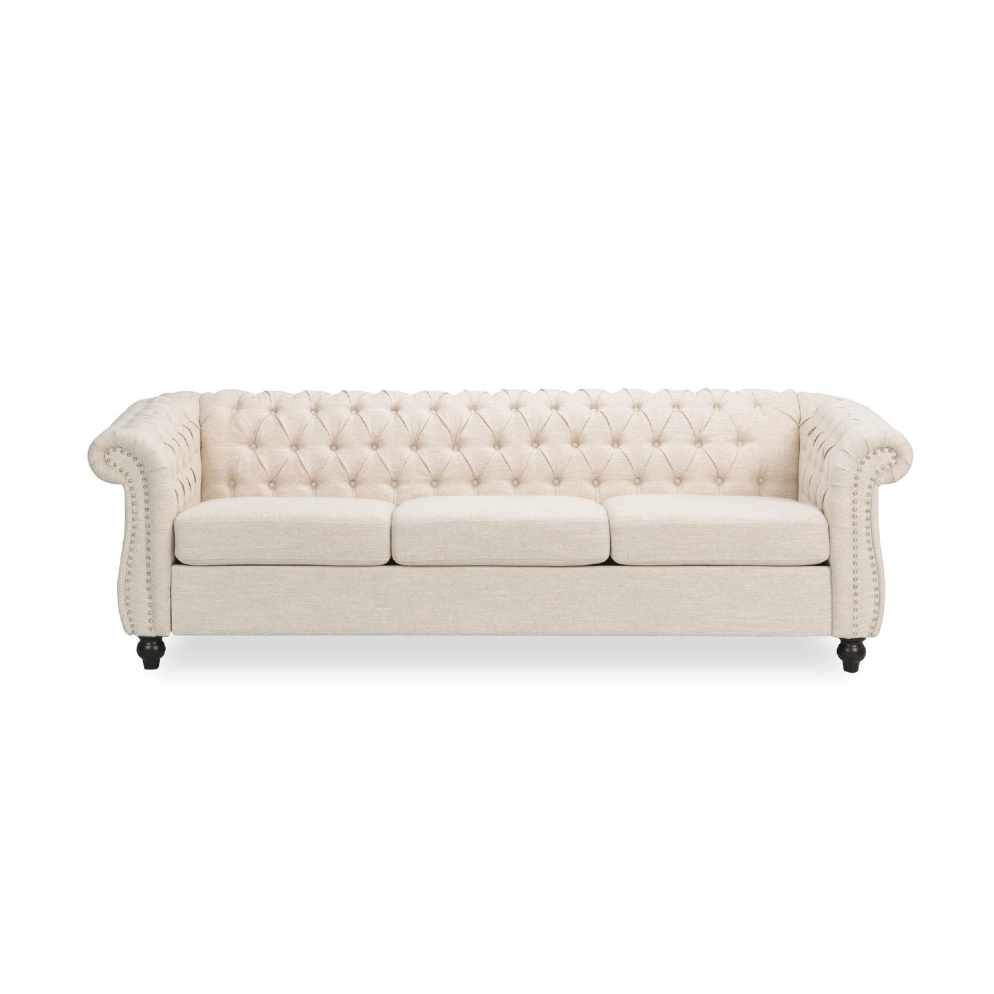 Canapé 3 places Nisy, dossier capitonné en tissu beige Chesterfield, 85 pouces