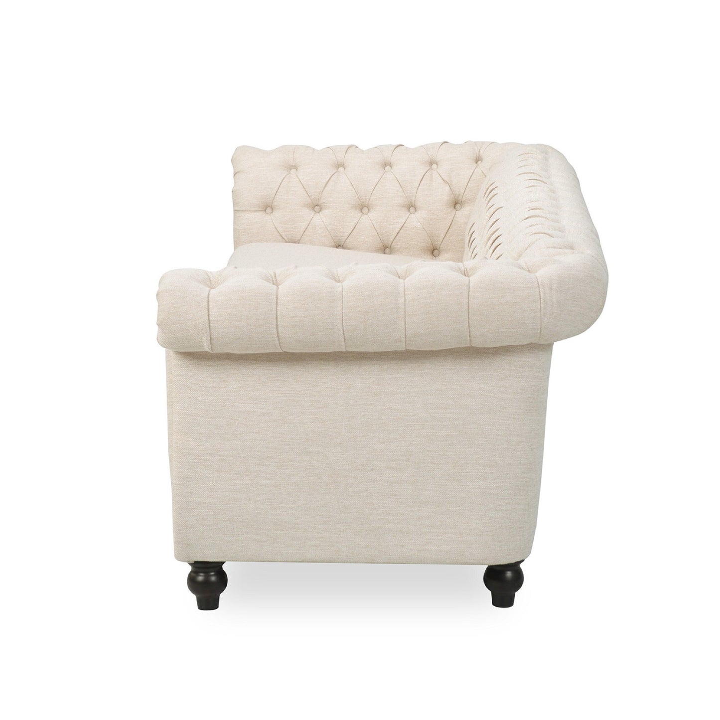 Canapé 3 places Nisy, dossier capitonné en tissu beige Chesterfield, 85 pouces