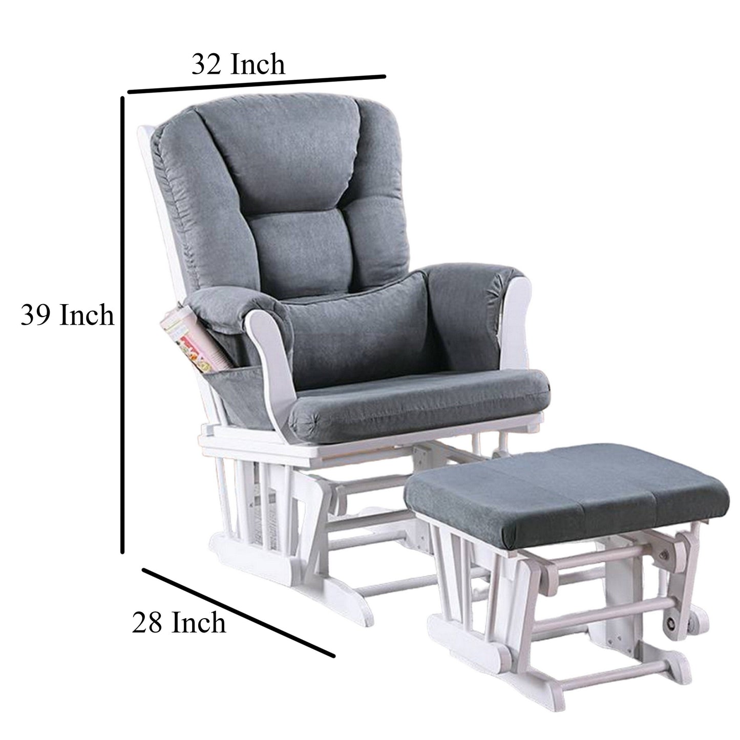 Fauteuil inclinable manuel Noni Glider avec repose-pieds carré, bois blanc et gris