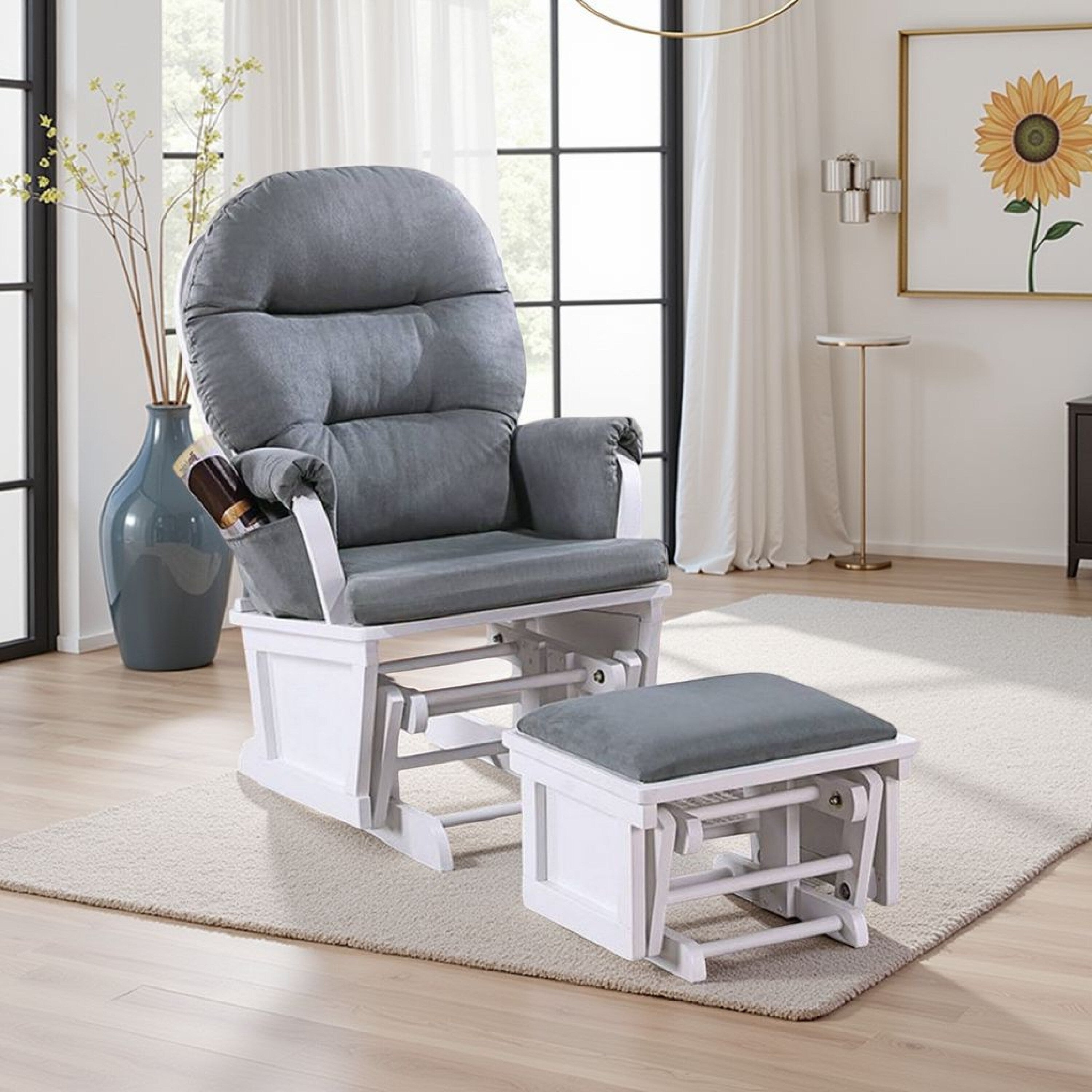 Fauteuil inclinable manuel Noni Glider avec repose-pieds, bois blanc et gris