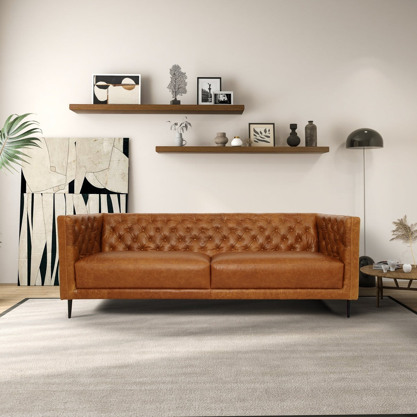 Canapé Norman en cuir véritable, confortable et touffeté à la main, de style moderne du milieu du siècle