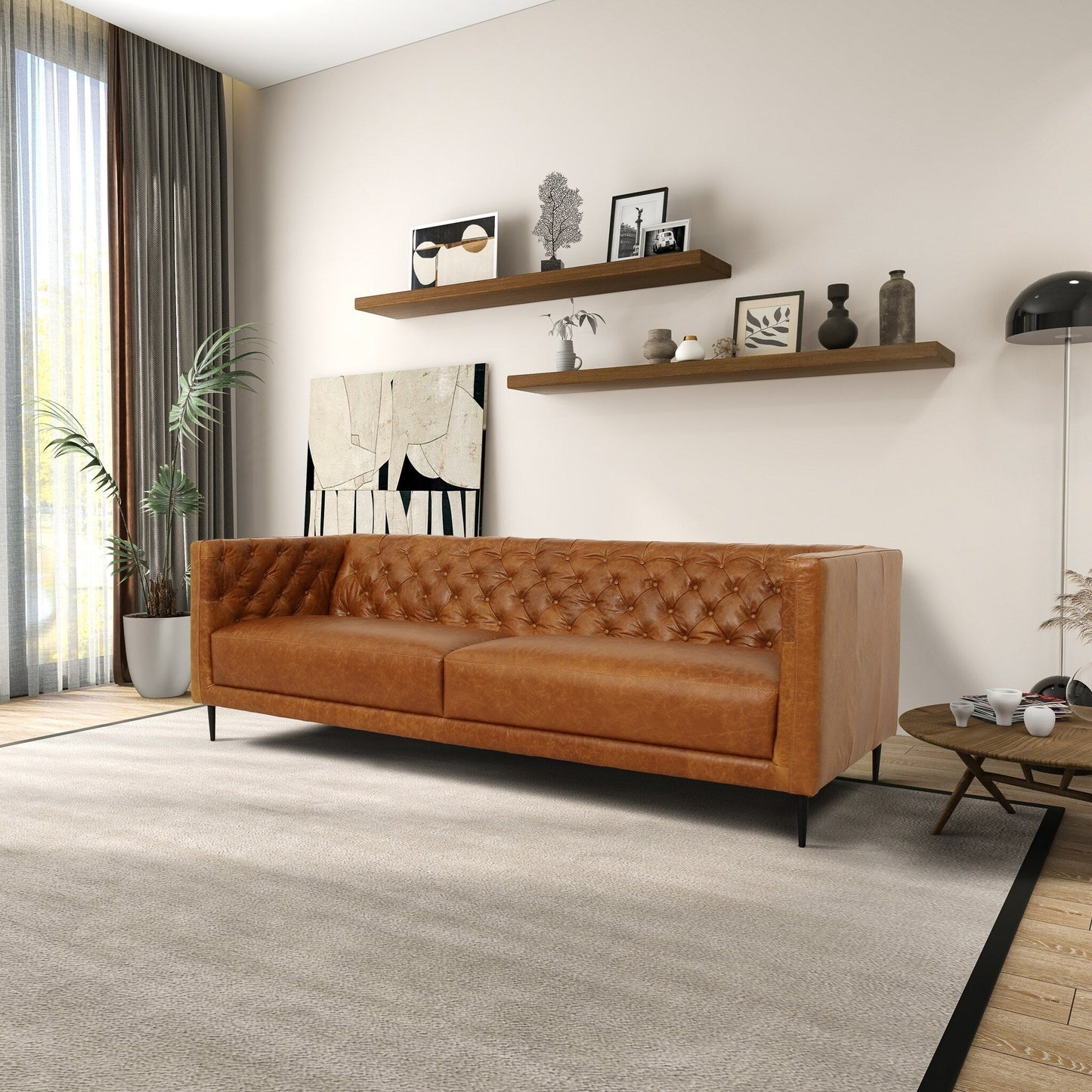 Canapé Norman en cuir véritable, confortable et touffeté à la main, de style moderne du milieu du siècle