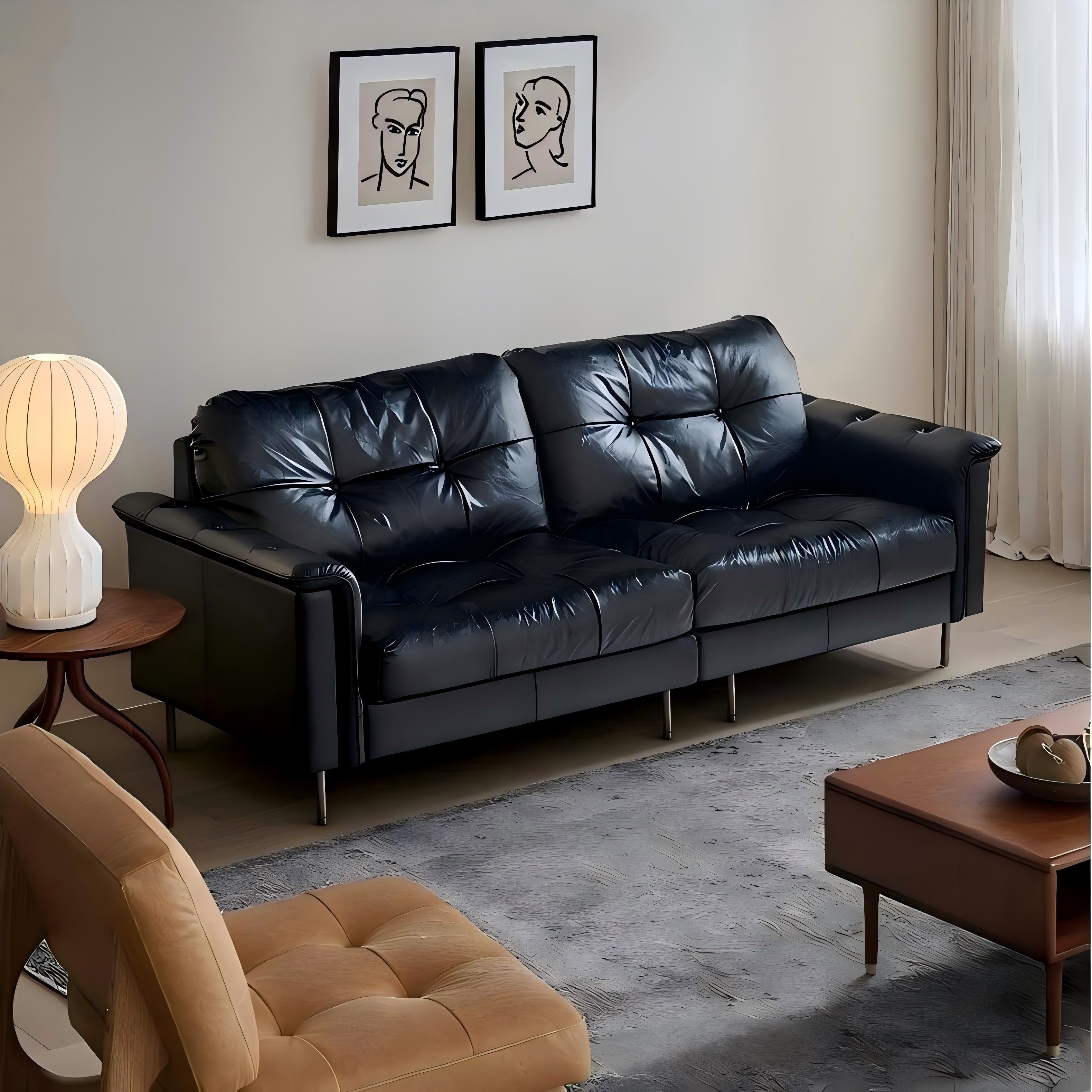 Baroque Tufted Black Leather Sofa