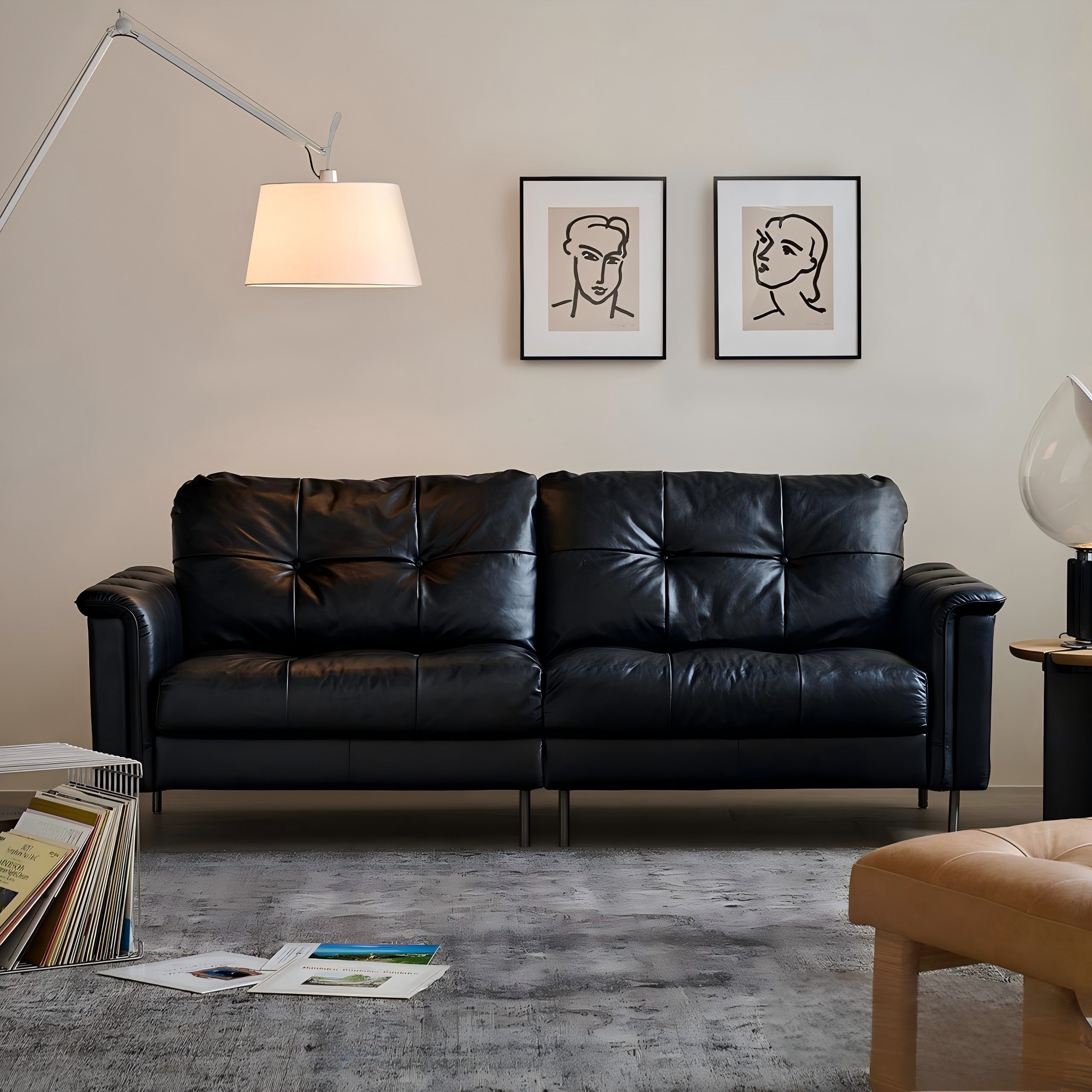 Baroque Tufted Black Leather Sofa