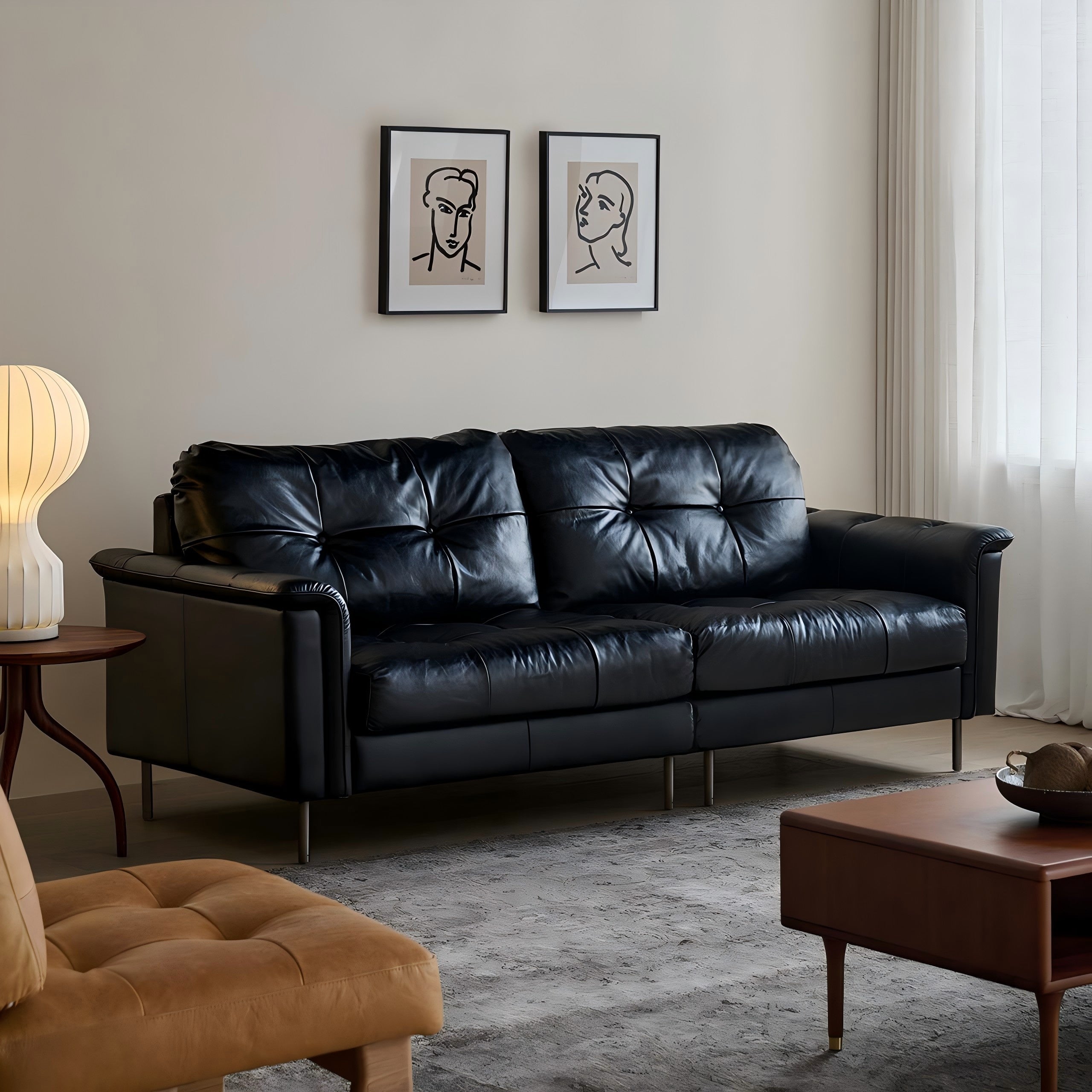 Baroque Tufted Black Leather Sofa