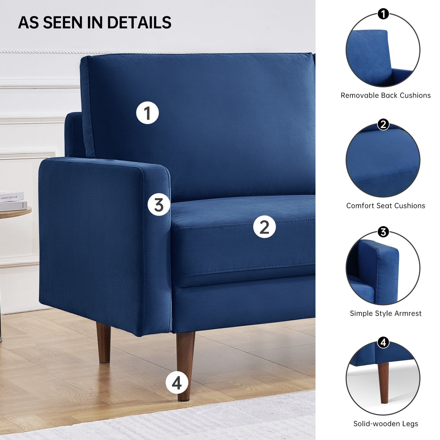 Canapé rembourré de 69 pouces de large avec accoudoirs carrés, mobilier de maison et de bureau OS