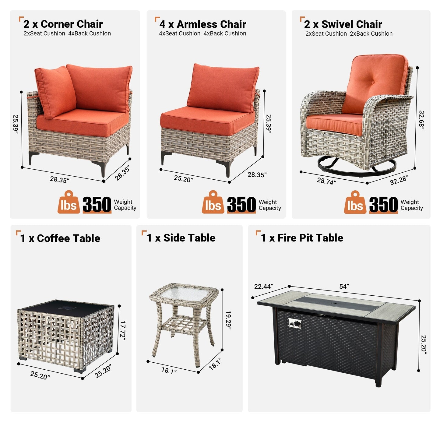 Ensemble de 11 chaises pivotantes d'extérieur en osier OVIOS avec table à feu