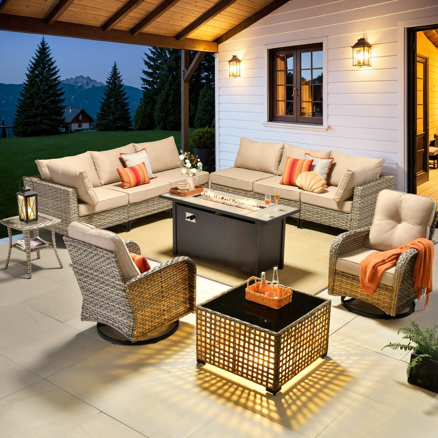 Ensemble de 11 chaises pivotantes d'extérieur en osier OVIOS avec table à feu