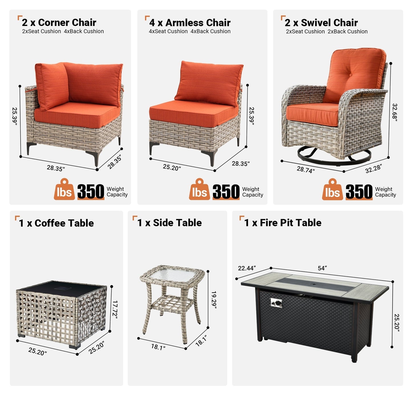 Ensemble de 11 chaises pivotantes d'extérieur en osier OVIOS avec table à feu
