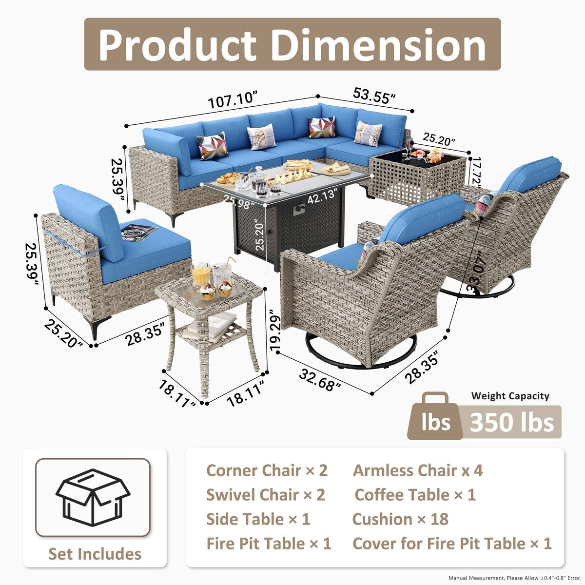 Ensemble de 11 chaises pivotantes d'extérieur en osier OVIOS avec table basse et foyer à énergie solaire