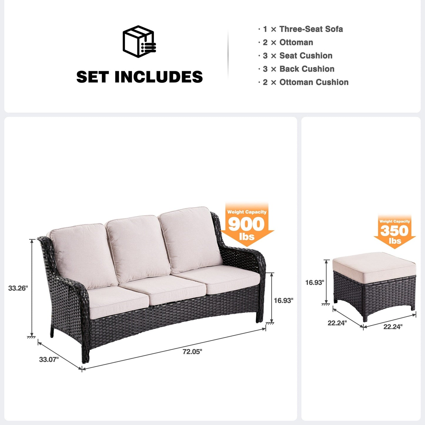 Canapé de patio 3 pièces en osier OVIOS avec poufs