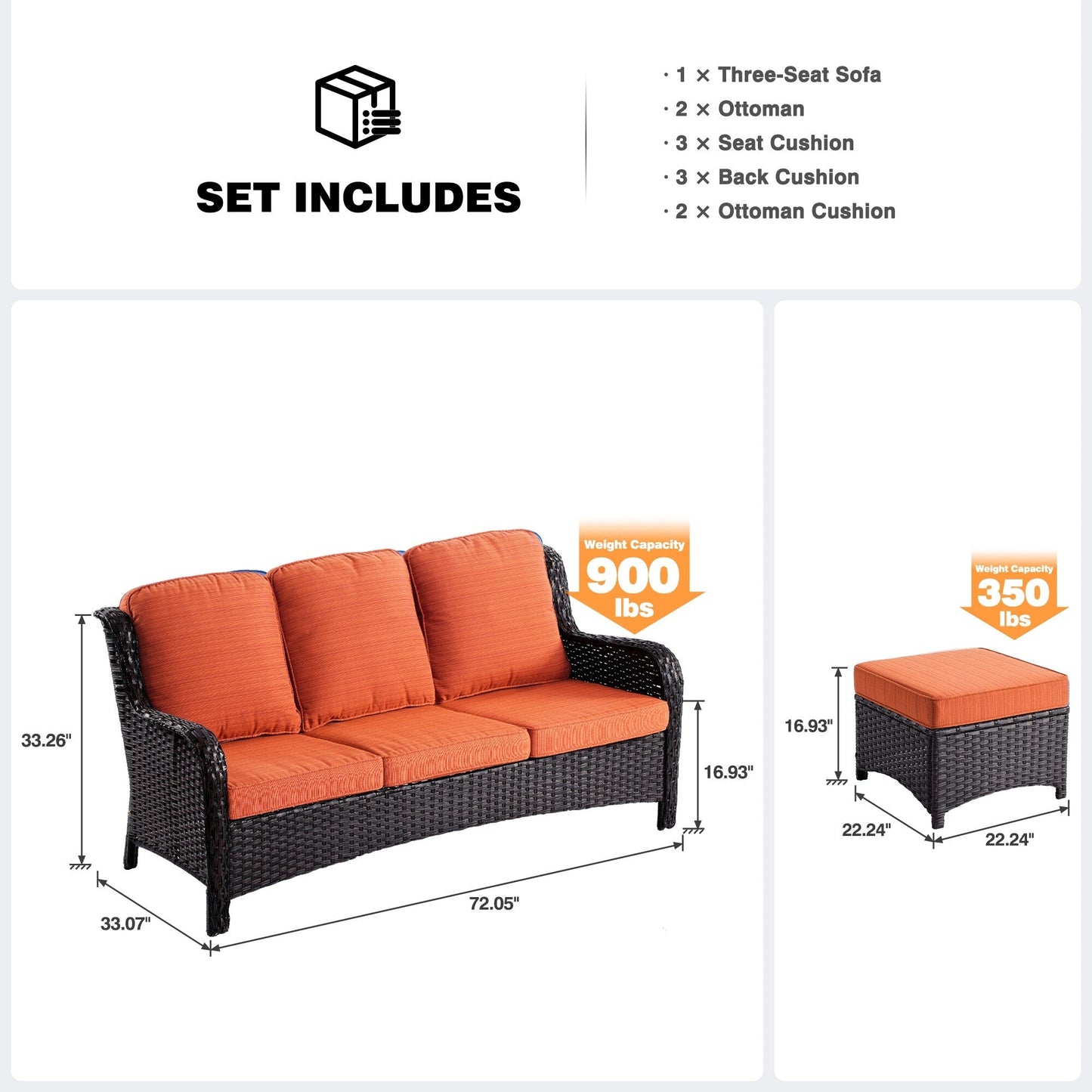 Canapé de patio 3 pièces en osier OVIOS avec poufs