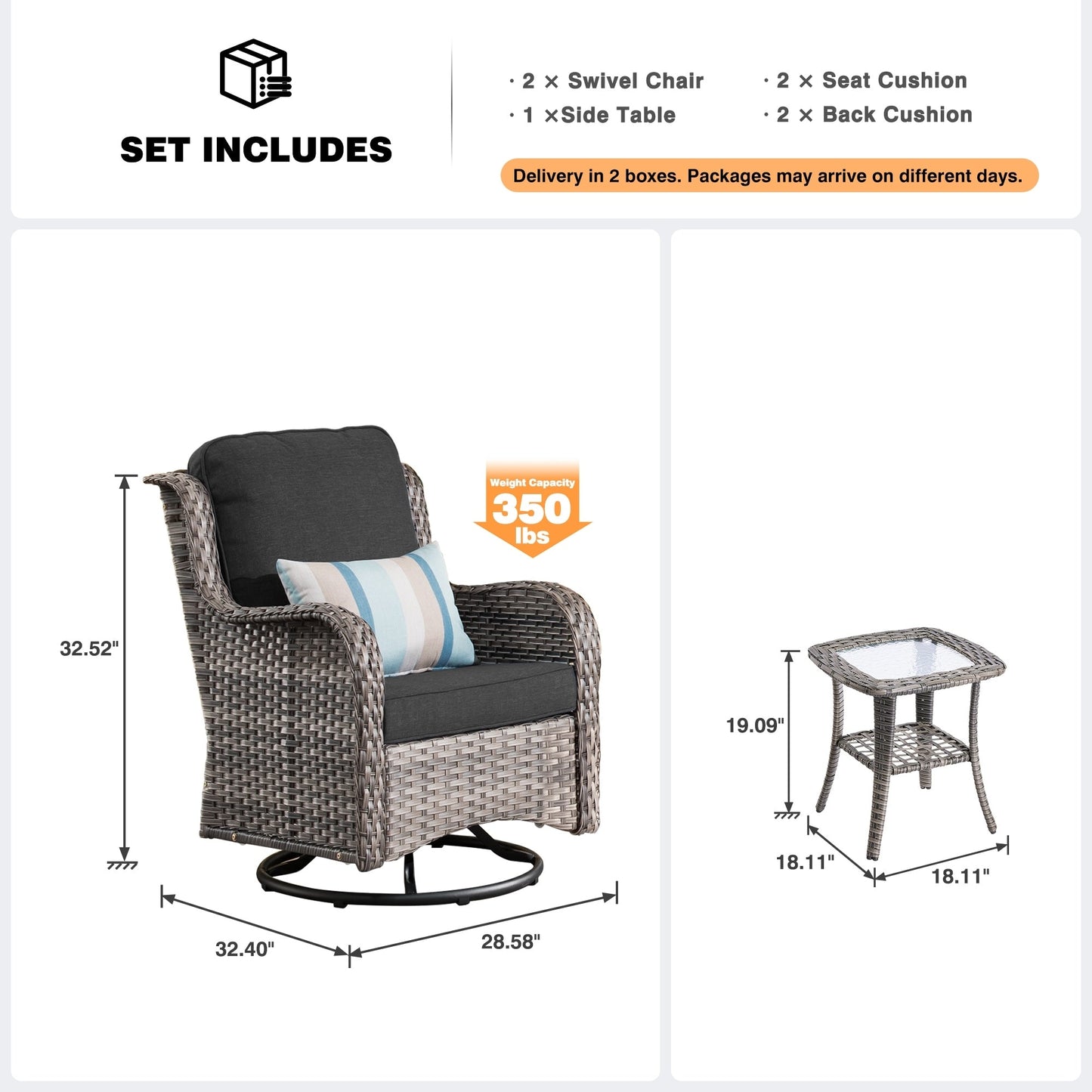 Ensemble de 3 chaises pivotantes en osier pour patio OVIOS