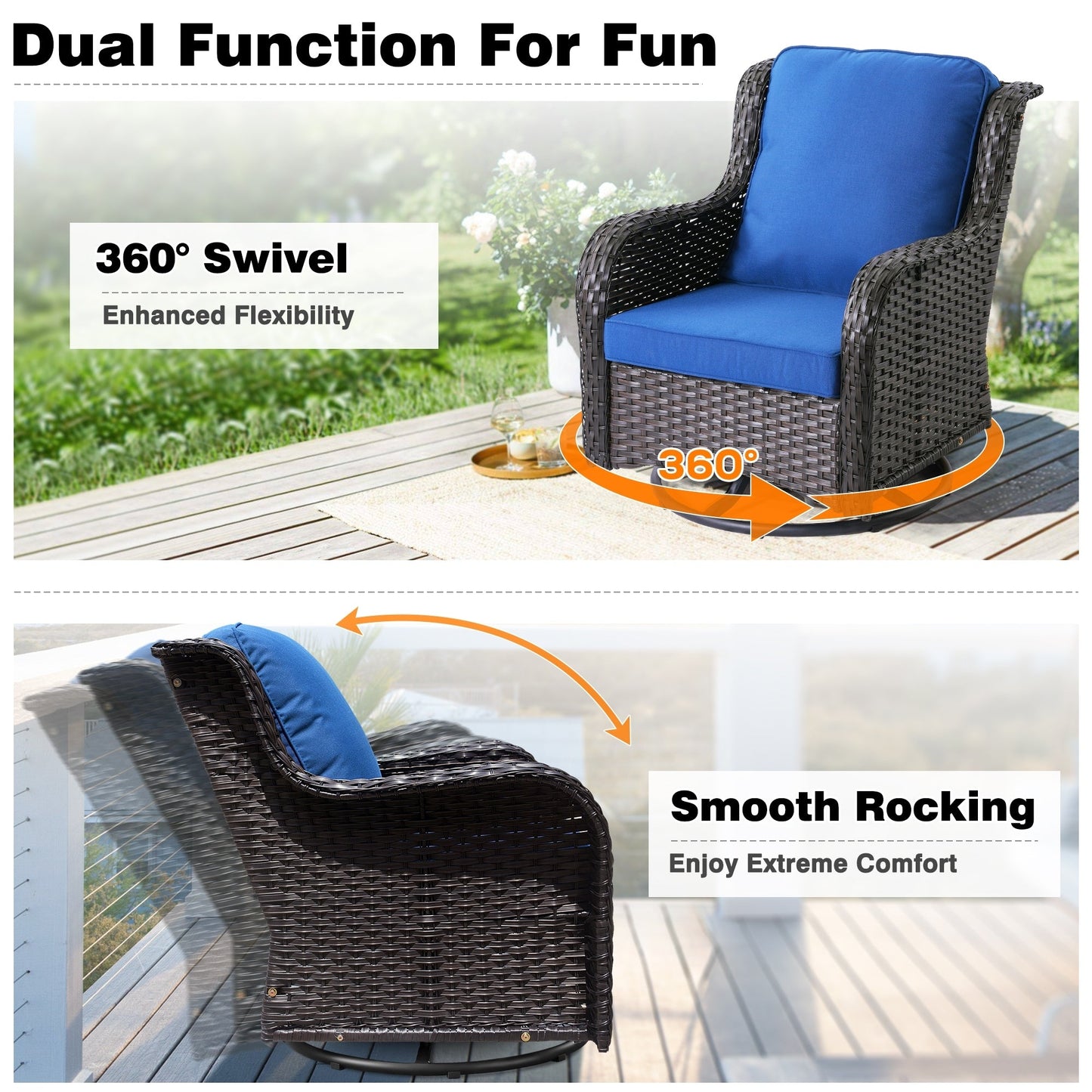 Ensemble de 3 chaises pivotantes en osier pour patio OVIOS